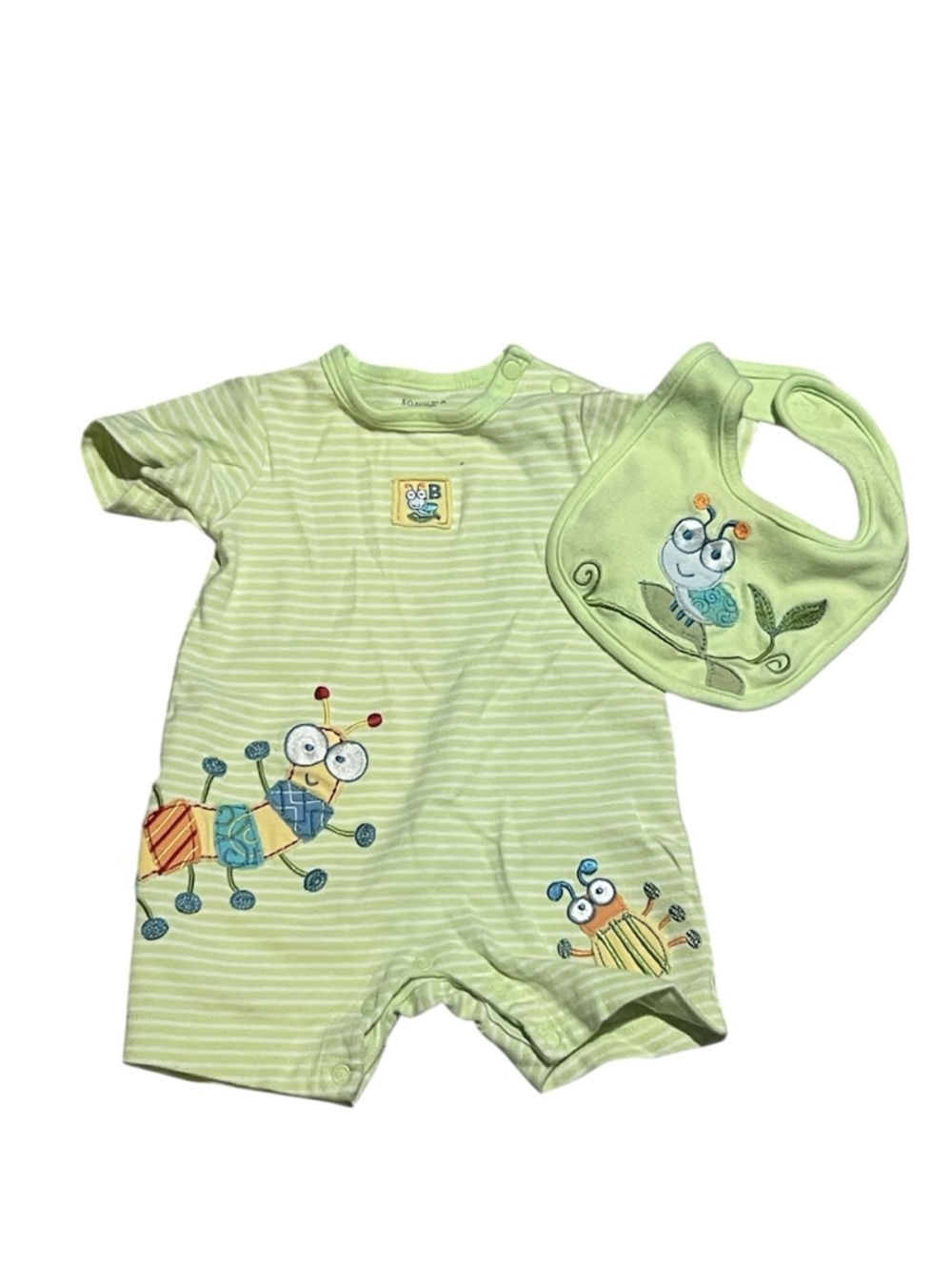 Vintage Sonoma Yellow Striped Baby Romper & Bib Set with Bug Appliqués